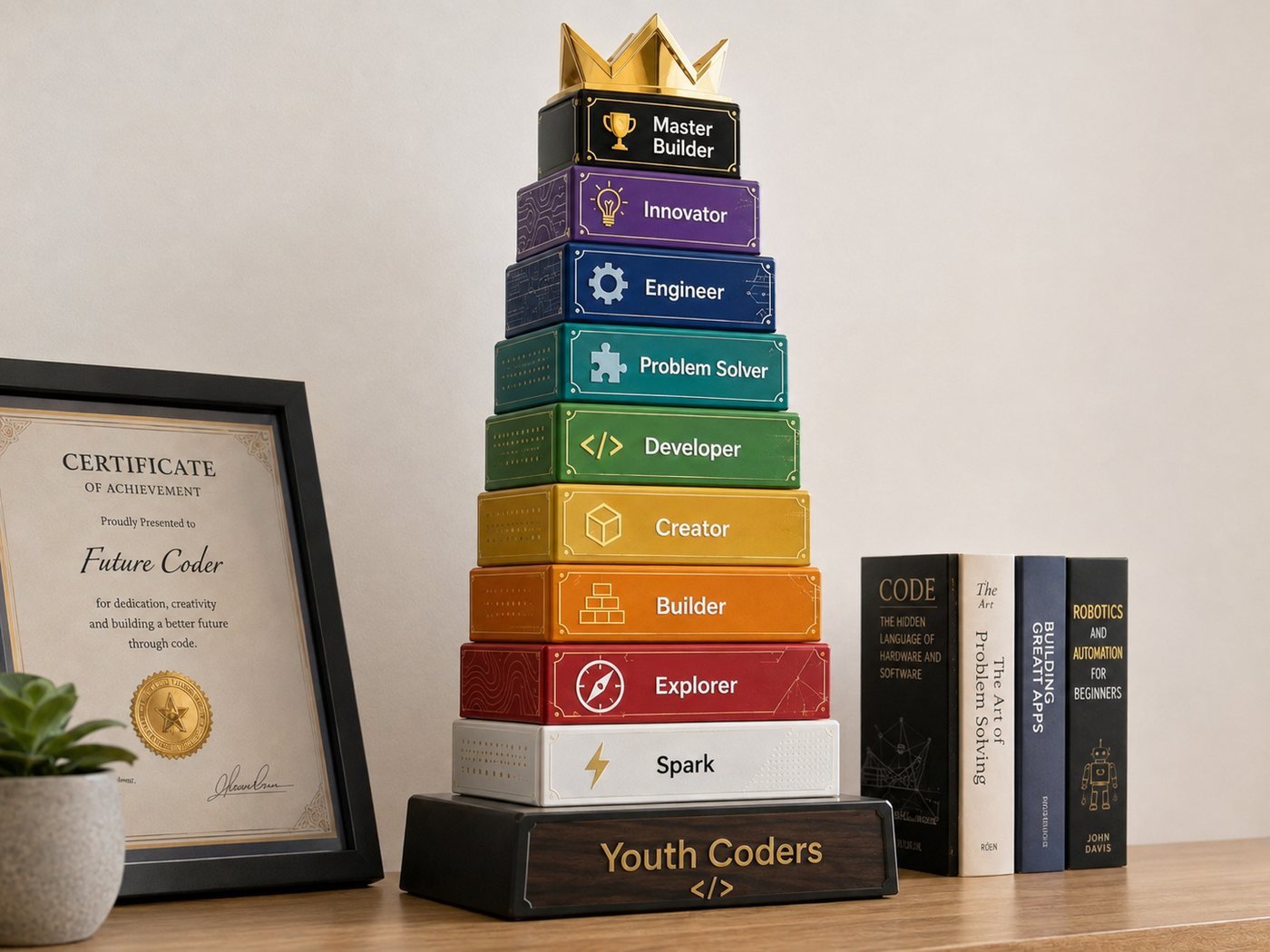 The Youth Coders trophy tower - nine stacked rank blocks from Spark to Master Builder topped with a gold crown, on a Youth Coders base beside a framed certificate of achievement.